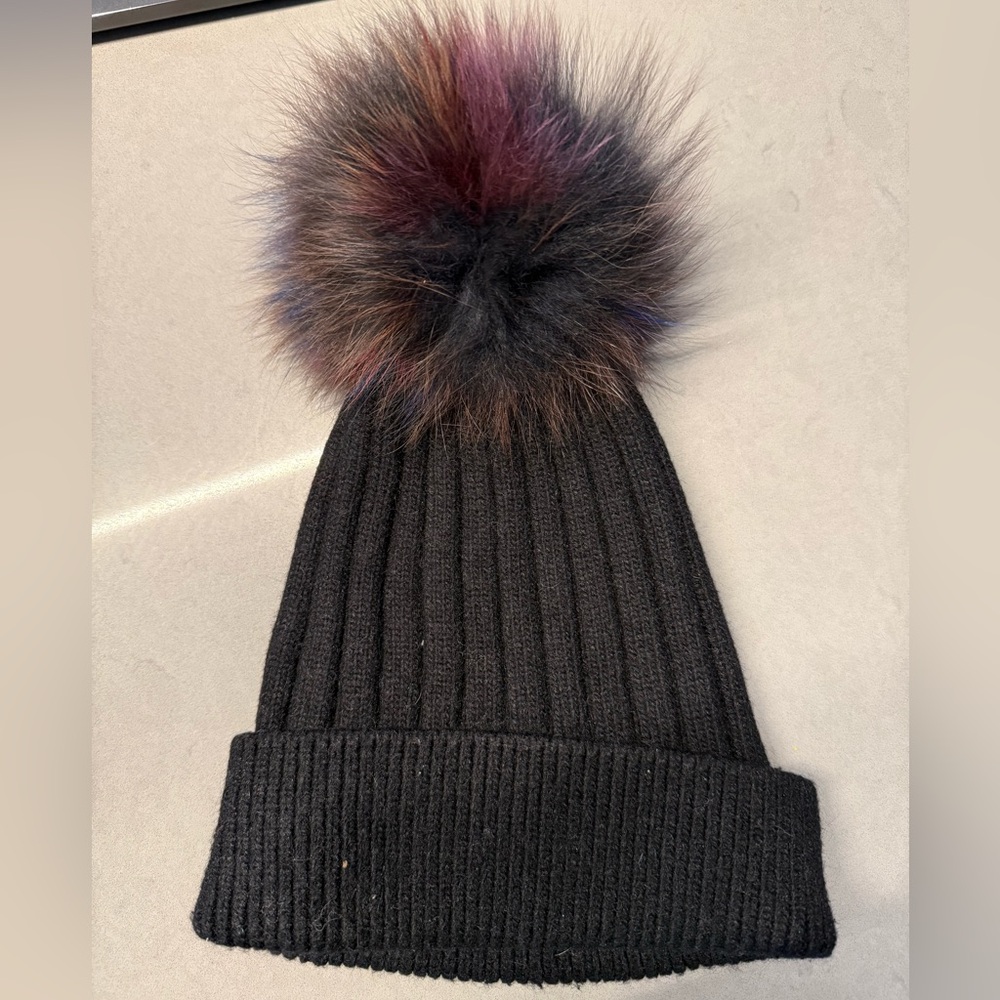 Jocelyn Real Fur Pom Pom Beanie Black Knit Multicolor Fur Pom Hat